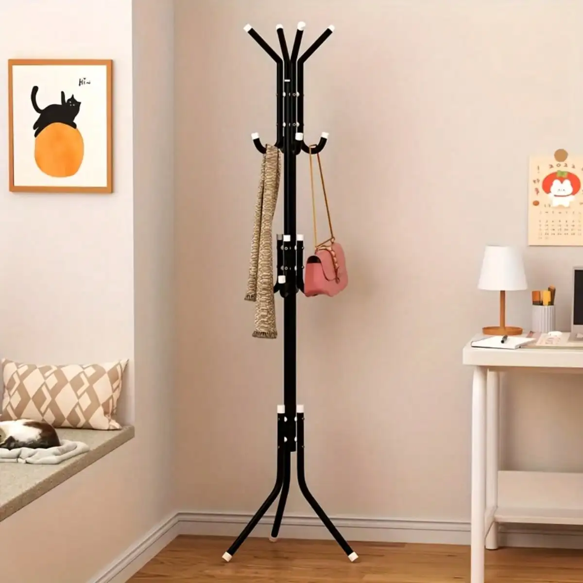 12‑Hook Black Metal Vertical Coat Rack, Easy‑Assemble Multi‑Purpose Freestanding Coat Hanger with Thick Metal Tube for Office, Foyer & Bedroom, Stores Clothes, Handbags & Umbrellas