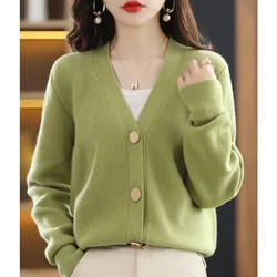 Autumn Women's Cardigan 100% Wool Cashmere Knitted Sweater Chic Tops Coat Causal V-neck Full Sleeve Loose Women's Jacket Spring