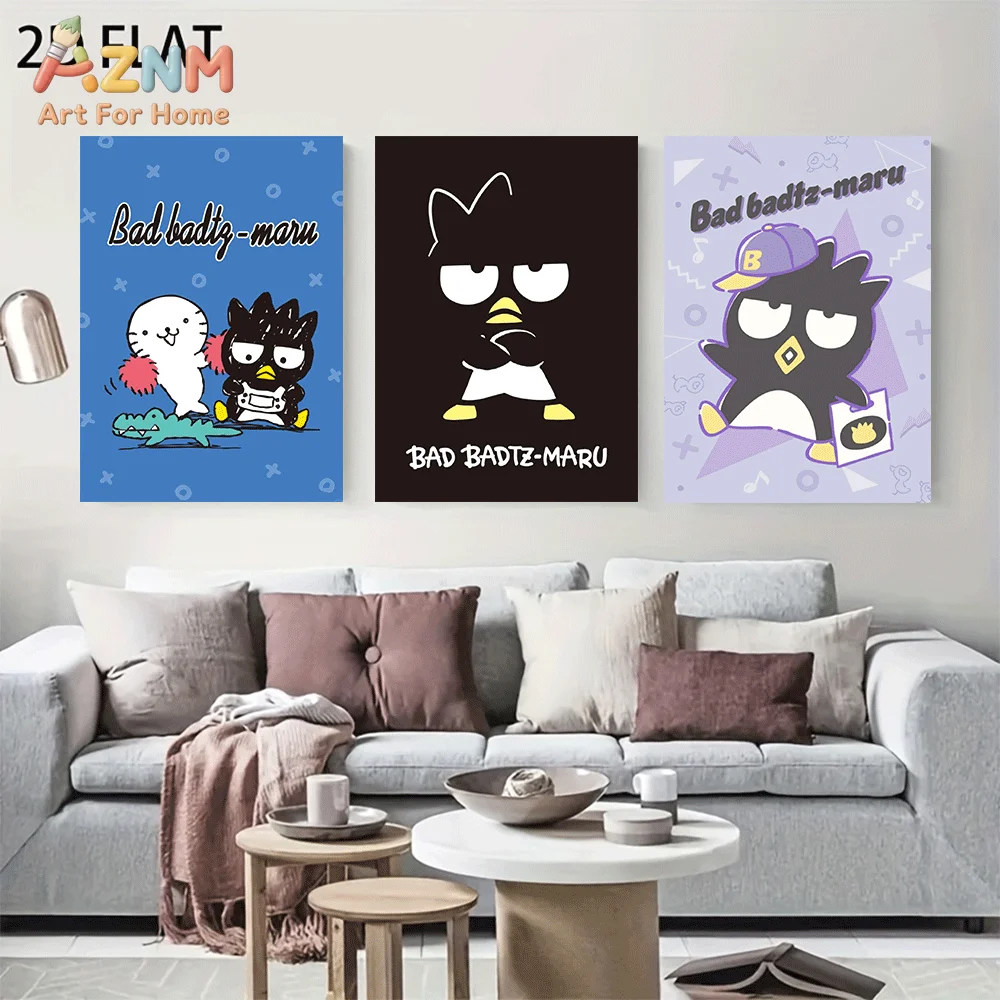 AZNM Bad Badtz Maru Canvas Wall Art Unframed Cute Cartoon Print Poster Penguin Character Hip Hop Style Kawaii Design for Boys Be