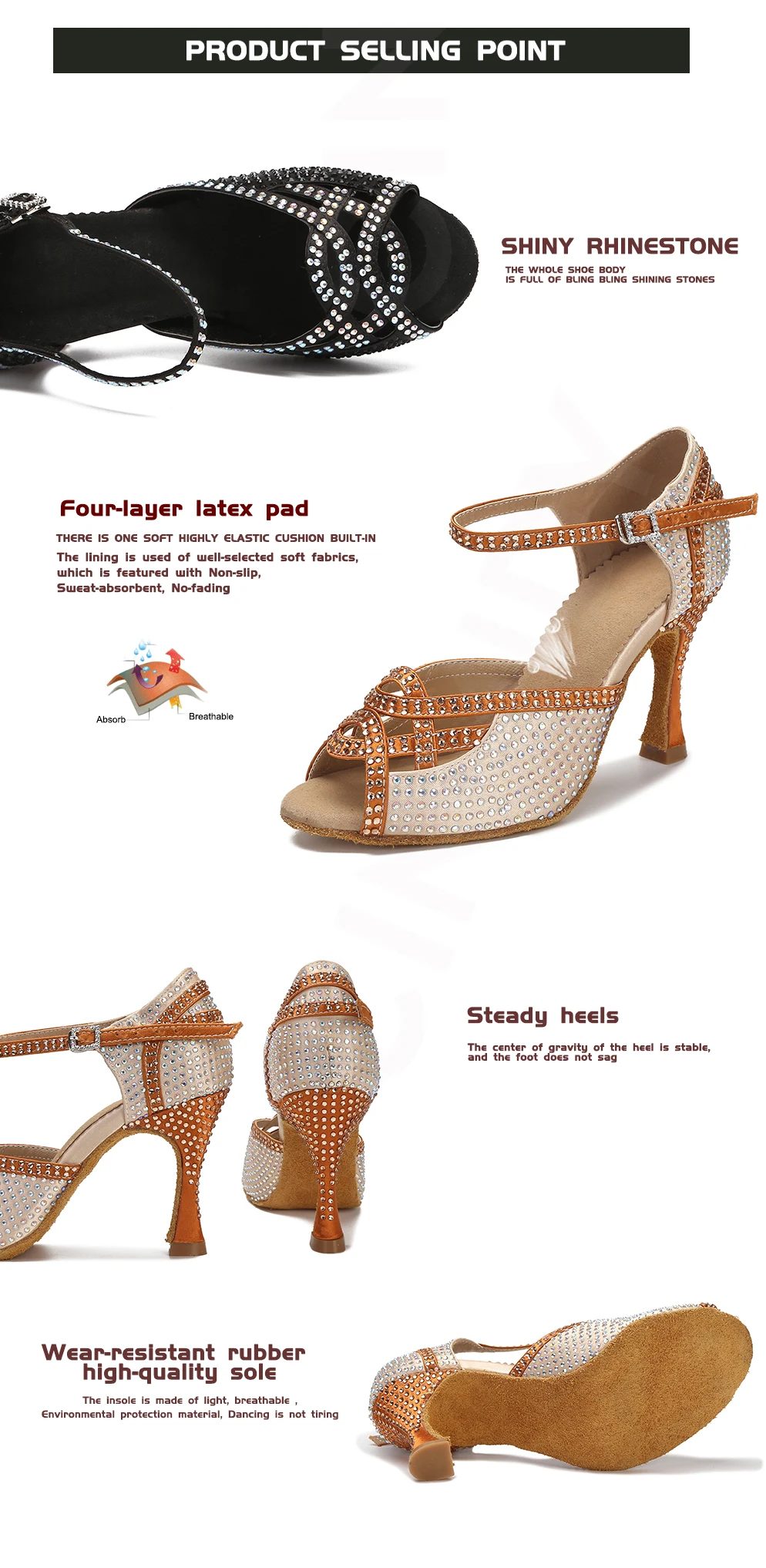 CINMIDY Damen Tanzschuhe mit Strass, Schwarz, Weiche Sohle, Salsa Tango Latin Tanzschuhe, Indoor Ballroom Mode Party Sandalen – Detail 3