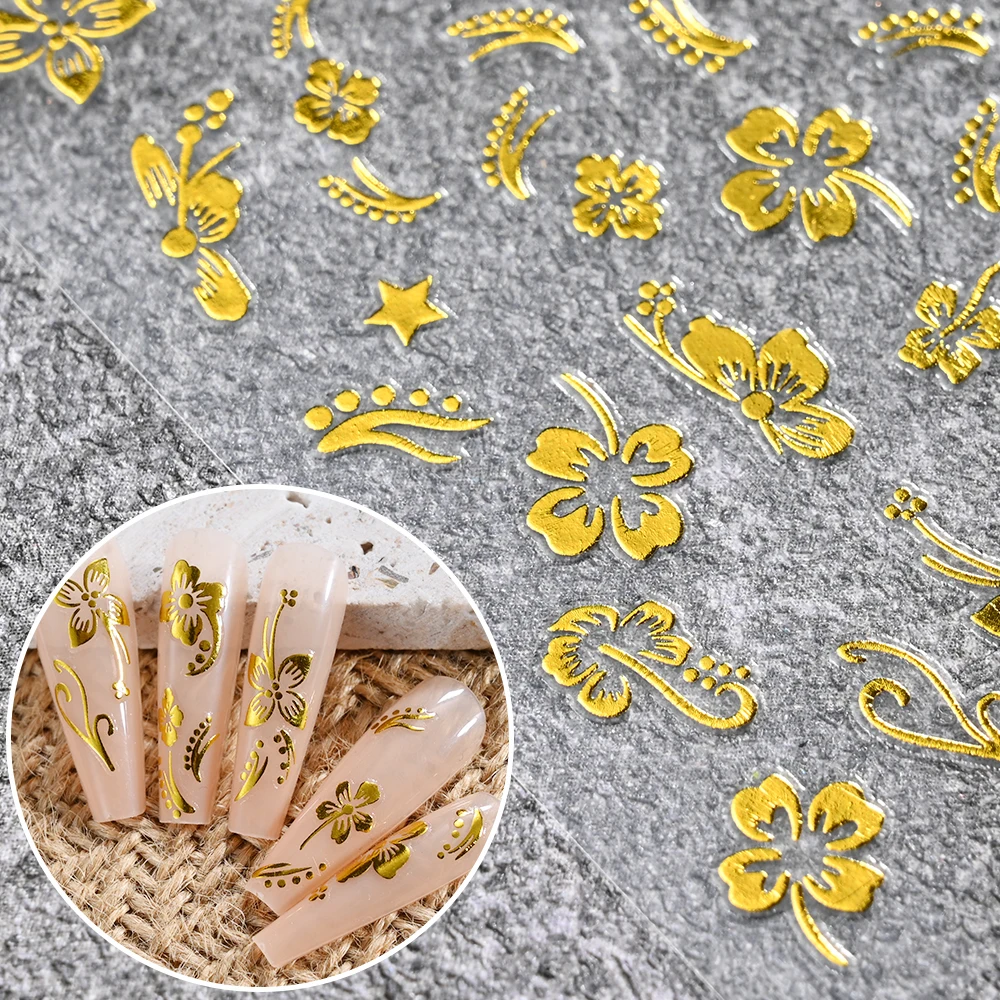 1pcs 3D Hibiscus Flower Nail Art Stickers Self-Adhesive Holographic Gold Silver White Flower Nail Decals DIY Manicure Art Decora