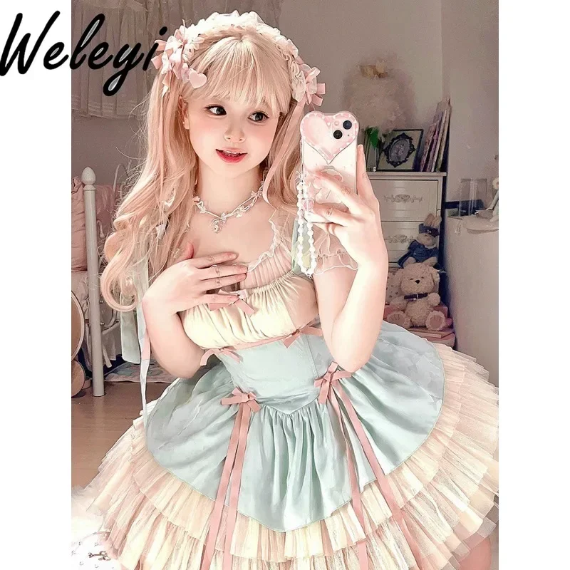 Vestidos De Lolita verde menta para Mujer, Ropa De Mujer rosa, cinta pequeña SP, moda Sukienki Rojita, estilo De Ballet, ajustado, elegante, princesa Kleider