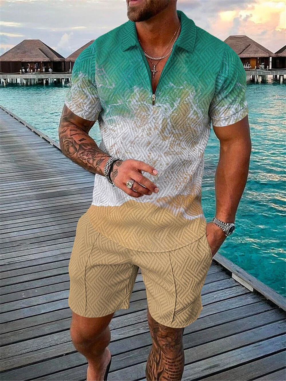 

Fashion Men's Short Sleeve Shorts Two Piece Summer Zipper Polo Shirt T-Shirt Shorts Set Lapel Gradient Top Hawaii Travelwear