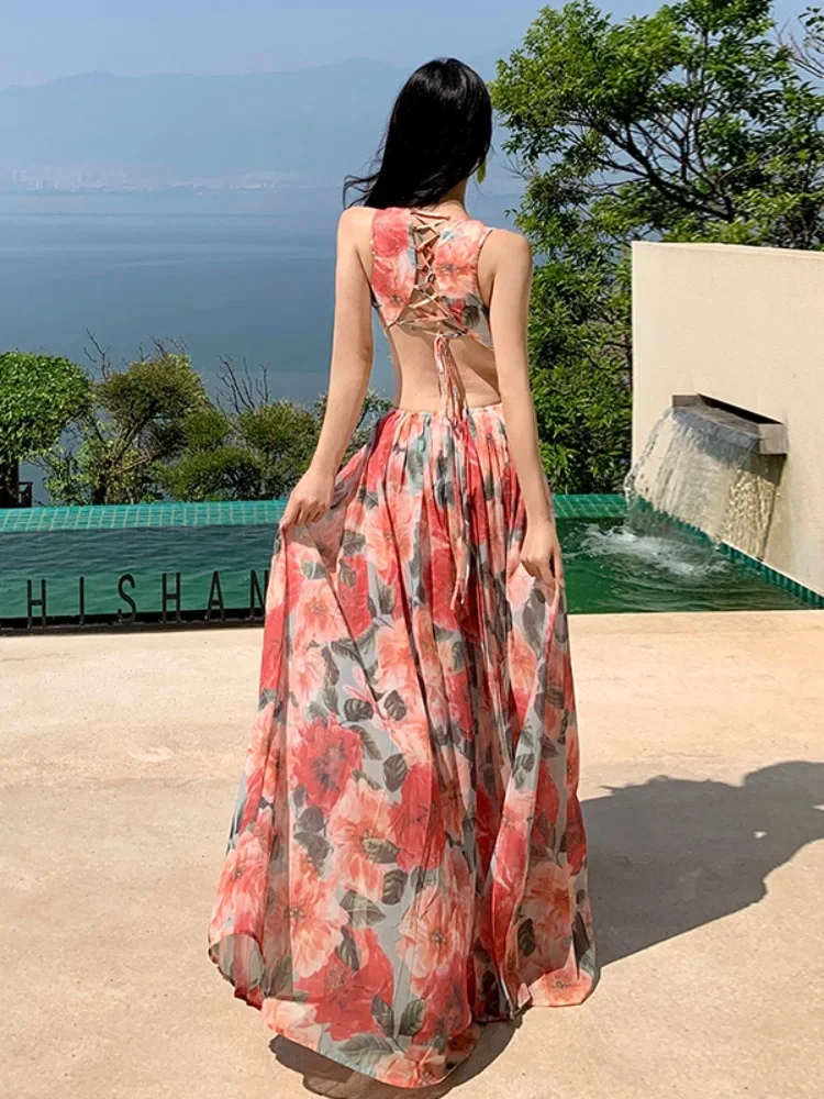 Summer French Sexy Beach Dress Women Bandage V-neck Floral Dresses Ladies Slim A-line Backless Boho Style Long Dress Vestidos