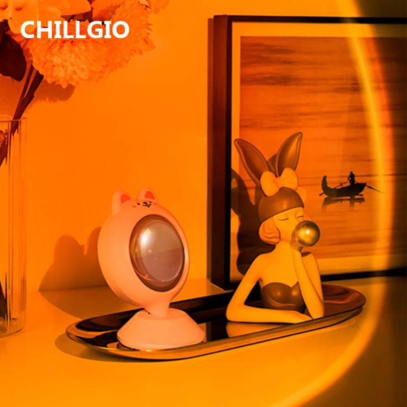 CHILLGIO Mini Sunset Light Kawaii Room DECO Dawn Projection Led USB Rechargeable Bedside Desk Lighting Atmosphere Projector Lamp