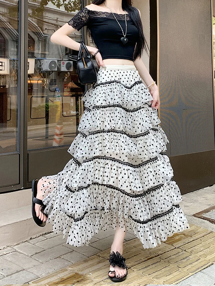 Spring Summer 2026 Polka Dot Mesh Cake Skirt Women's plus Size Multi Layer Splicing Midi Umbrella Skirt Skin Friendly Breathable