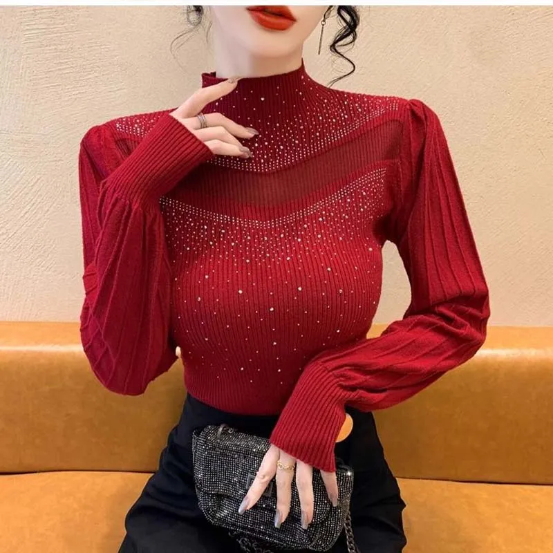 Women\'s Clothing Half High Neck Knitted Sweater Autumn/Winter Patchwork Lace Temperament French Style Pullovers Lady Hot Fix Top