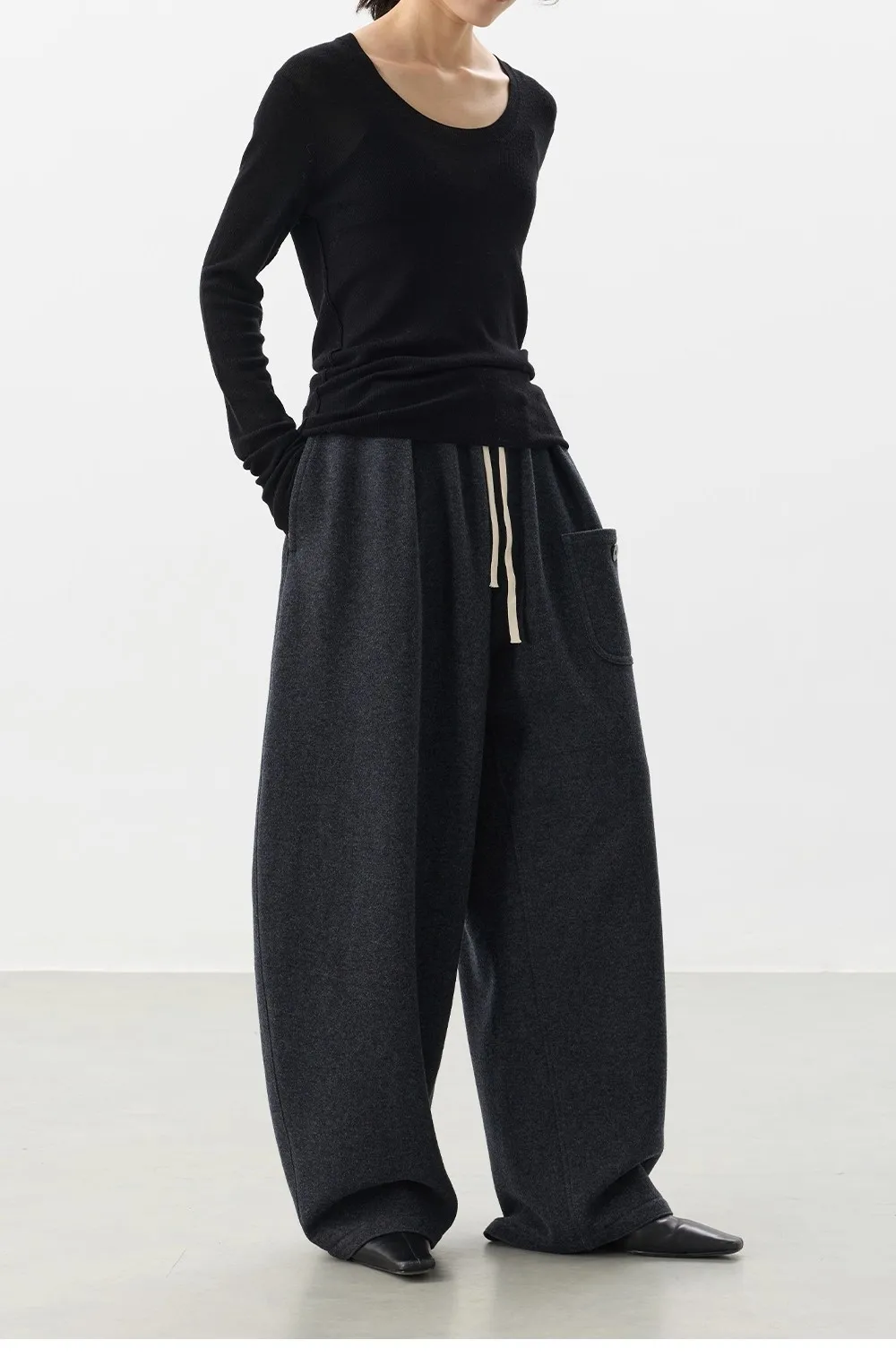 Curved Hem Pants~Wool Elastic Waist Wide-Leg Casual Pants for Women, 2025 Winter Fashionable Thickened Floor-Length Pants
