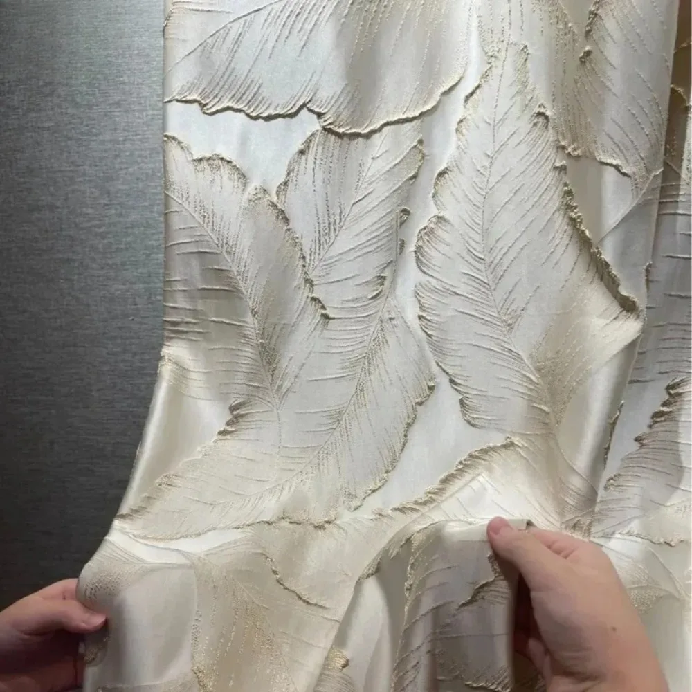 New High-precision Embossed Gold Thread Jacquard Beige Leaf Three-dimensional Curtains For Living Room Bedroom Custom