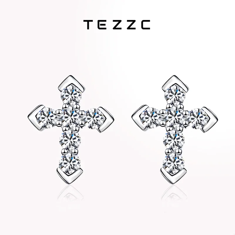 

Tezzc Real D Color Moissanite Cross Earrings 925 Silver Gold Plated Lab Diamond Sparkling Earring Jewelry Gift Test Passed