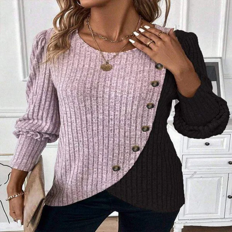 Ribbed Knit Color Block Pullover Women Crew Neck Long Sleeve Asymmetrical Button Detail Top Fall Wear