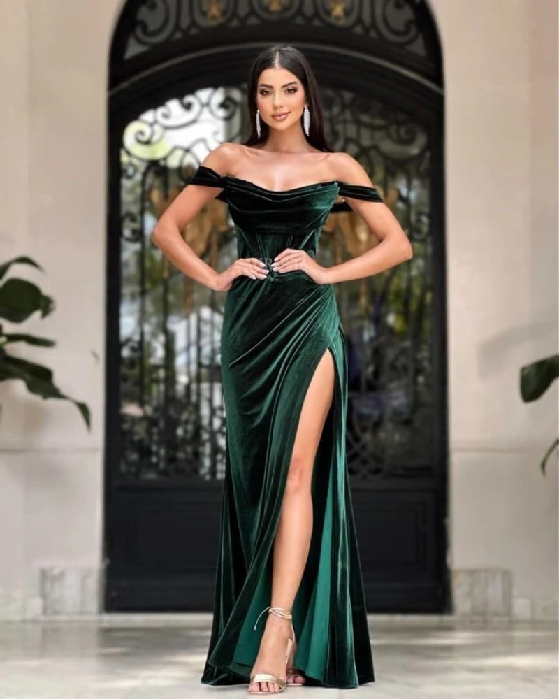 

Velvet Long Prom Dress with SlitOff Shoulder Mermaid Bridesmaid Dress for Women Formal Evening Party Gown