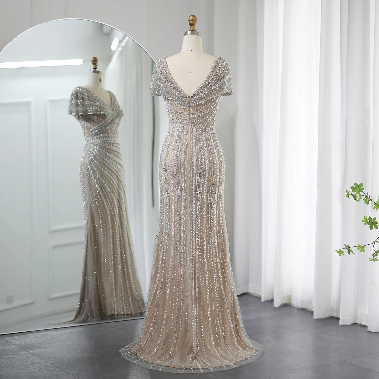 Sharon Said Luxuriöse Dubai Silber-Nude Abendkleider für Hochzeiten, Meerjungfrauenkleid mit Kapärmeln, Arabisches Formelles Partykleid SS045 Maßanfertigung – Detail 10