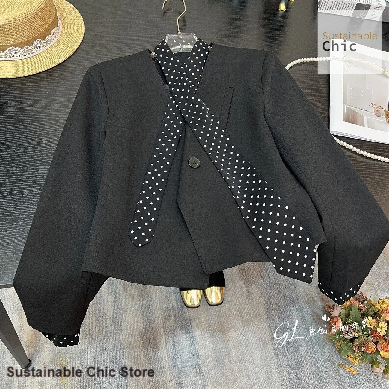 Korean advanced wave point ribbon V-neck contrast stitching coat women's spring and autumn thin fashion temperament suit top