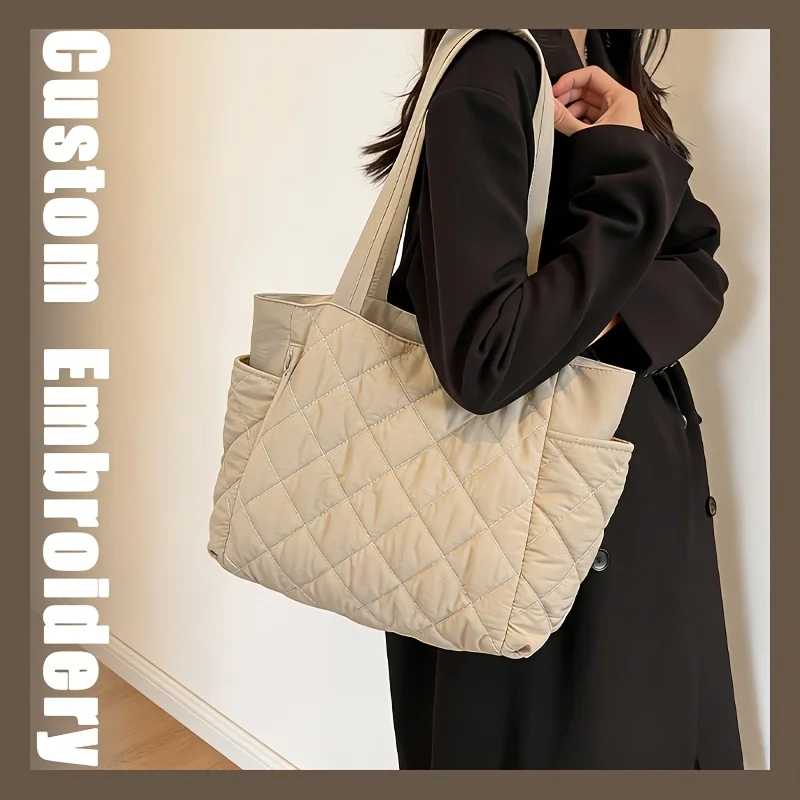 Lingge Cotton Shoulder Bag Korean Edition Large Capacity Lightweight Girl Tote Bag Custom order, please indicate font and text