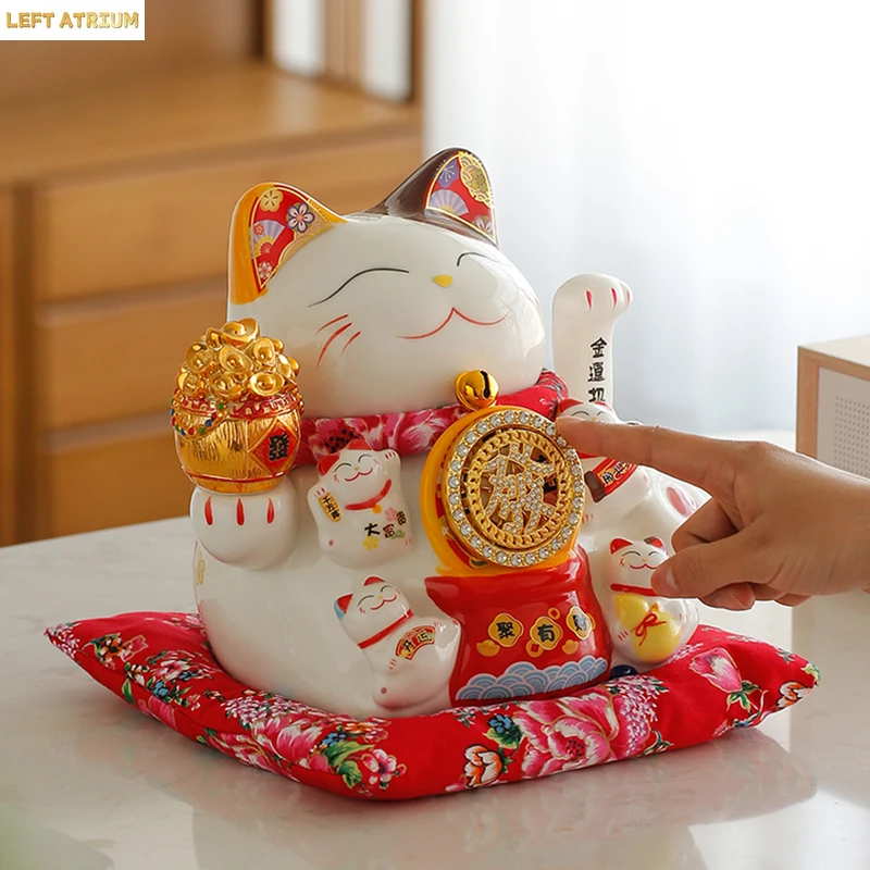 9 Inch Ceramic Beckoning Cat Maneki Neko Ornament Feng Shui Decoration Swing Lucky Fortune Cat Battery / USB Powered