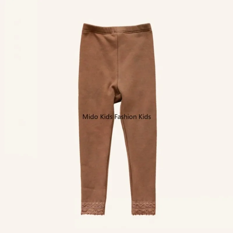2025 Winter Collection Korean Girls' Fashionable Outerwear Lace-Trimmed Fleece-Lined Leggings Children's Clothing