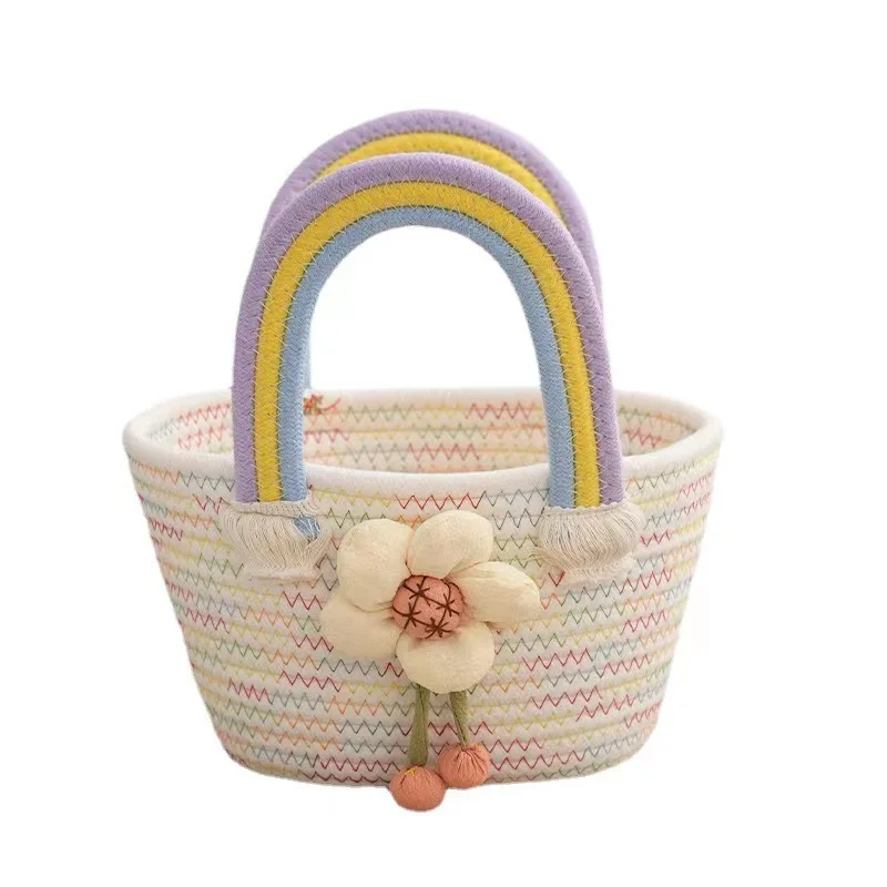 Korean Trendy Flower Rainbow Handbag for Women Wedding Gift Basket Cotton Rope Woven Basics Storage Bag Women\'s Beach Bags