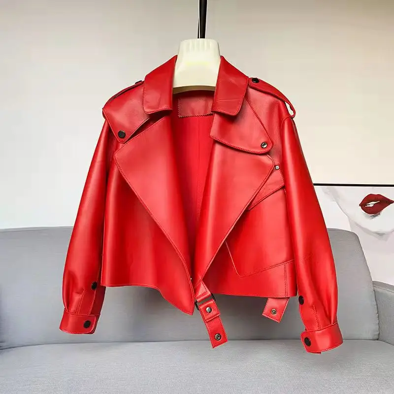 FMFSSOM-Veste courte en similicuir pour femme, manteau chaud coupe-vent, col rabattu, bouton unique, noir, moto motard, vêtements d'extérieur, printemps, 2024