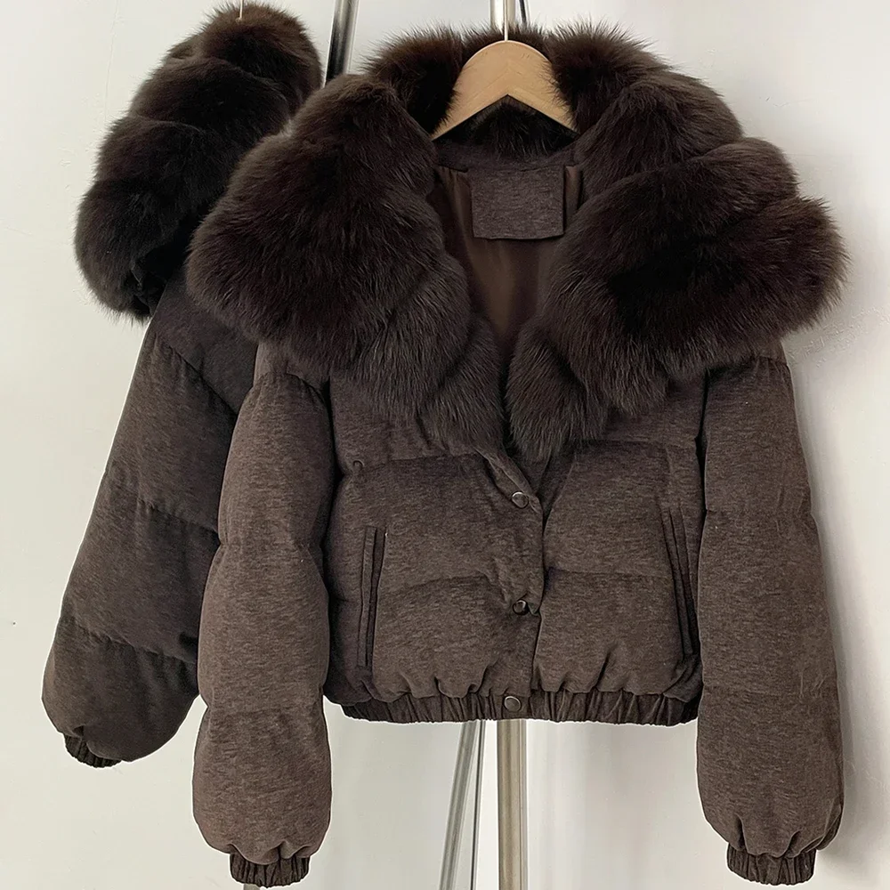 OFTBUY Neue Winter-Baumwolljacke mit Echtfuchs-Pelzkragen, Kurze Bomberjacke für Damen, Daunenjacke für Frauen – Detail 6