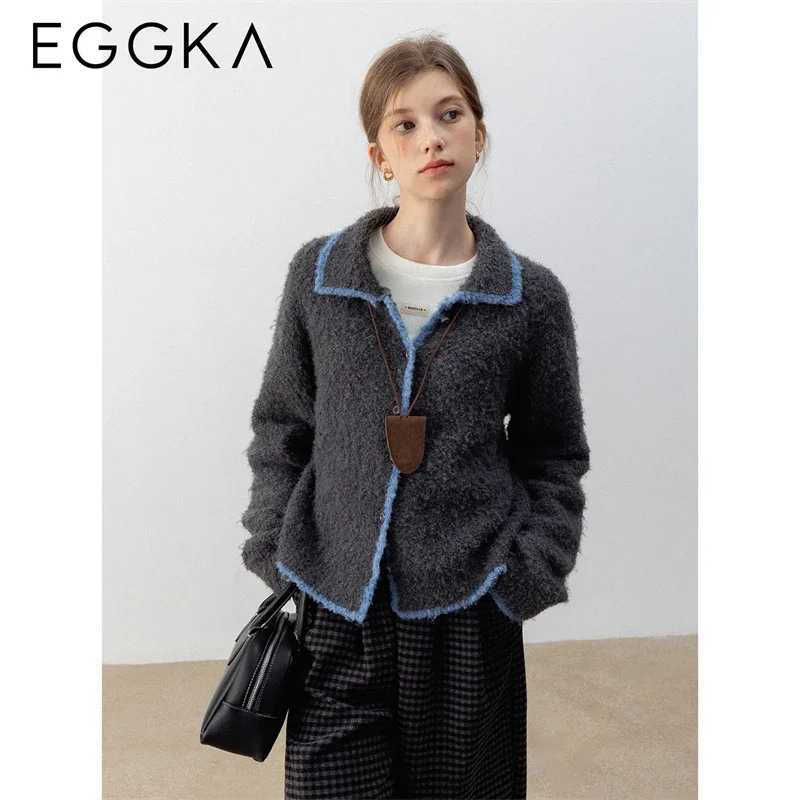 EGGKA Winter Retro Lapel Collar Sweater Matching Design Temperament Cardigan for Women Casual Thickened Sweater OL Commuter Tops