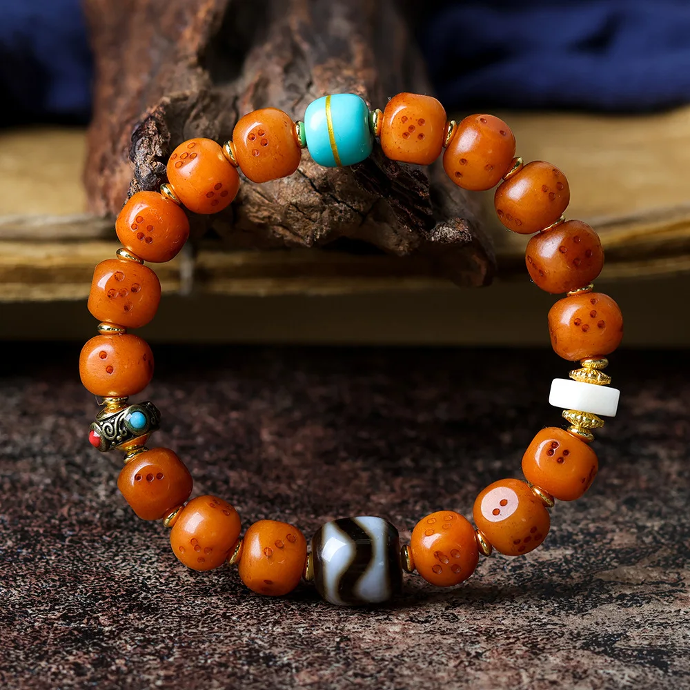 Original Design Tibetan Ethnic Style Yak Bone Dice Bead Hand String Cultural Play Tiger Teeth Tianzhu Buddha Bead Bracelet