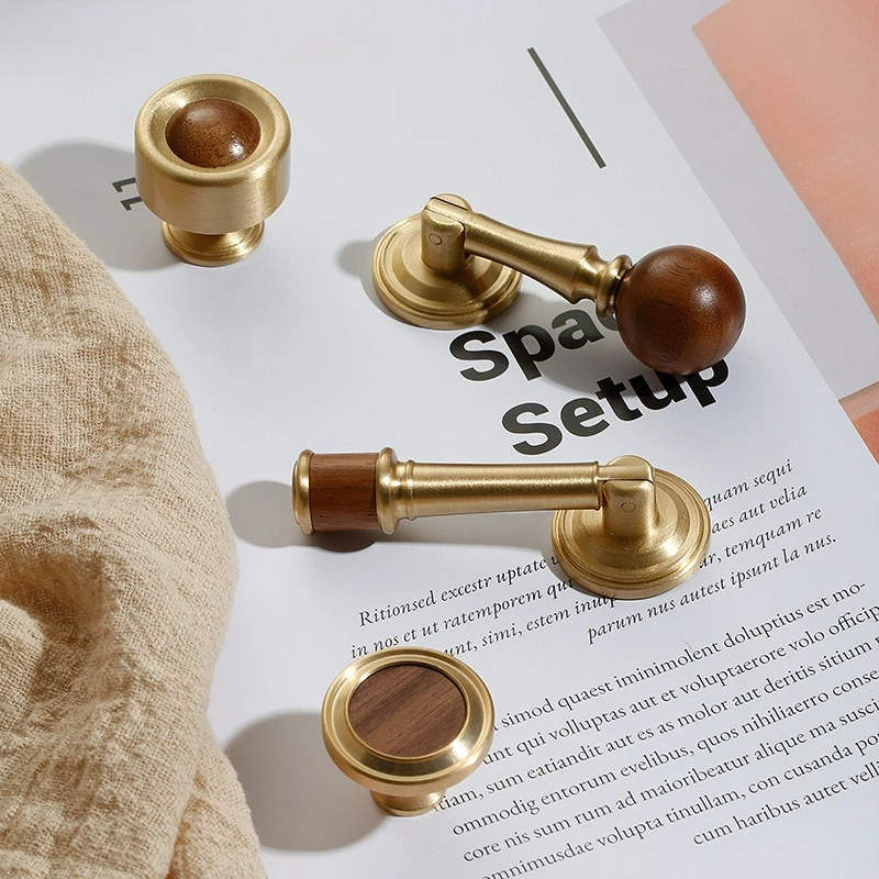 Solid WoodBrass and Walnut Furniture Handle Antique Bronze Kitchen Cabinet Handle WardrobeDoor Dresser Drawer Knob Cupboard Pull