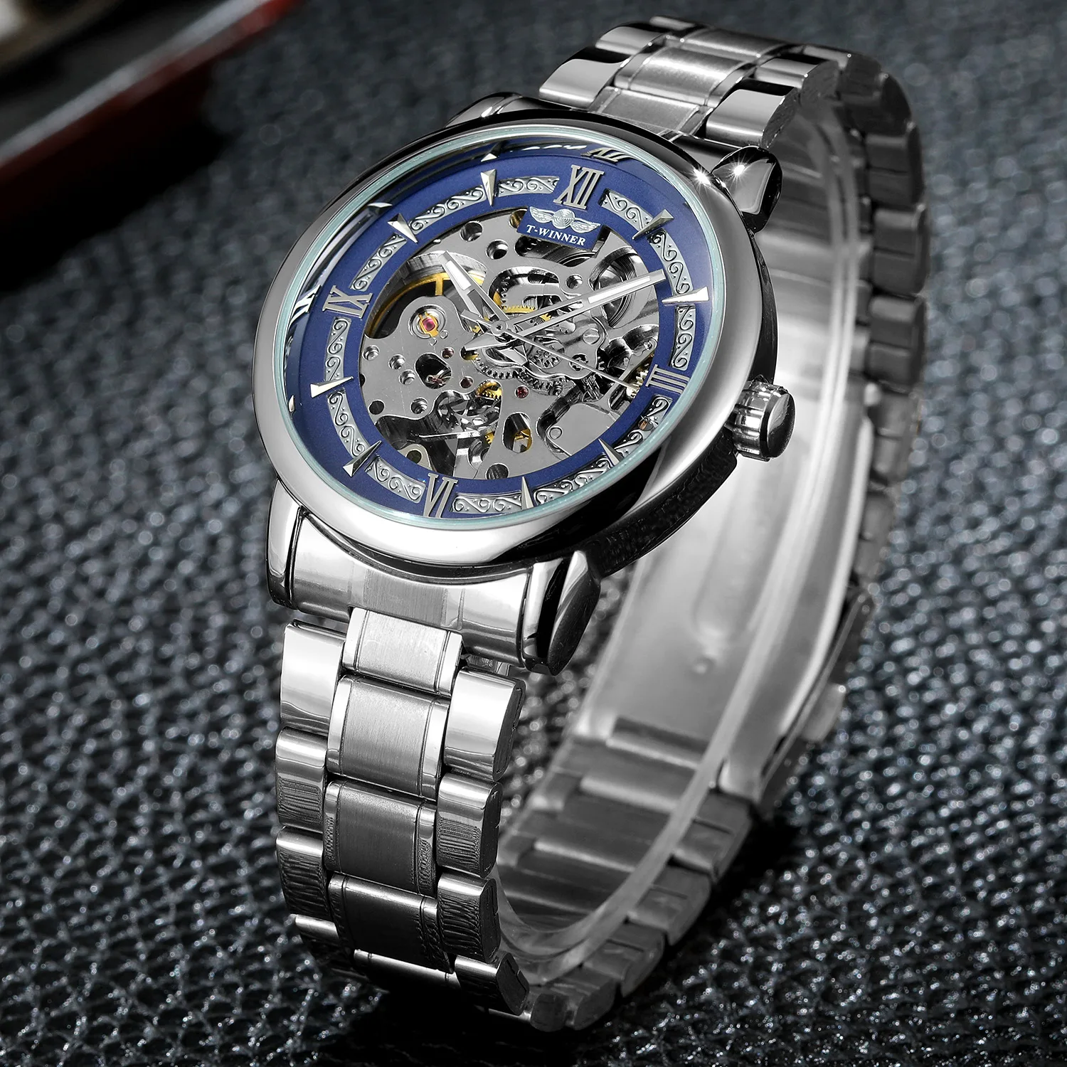 Automatic Mechanical Watch for Men Business Man Skeleton Stainless Steel Blue Reloj Male Vintage Clock Hombre Relogio Masculino