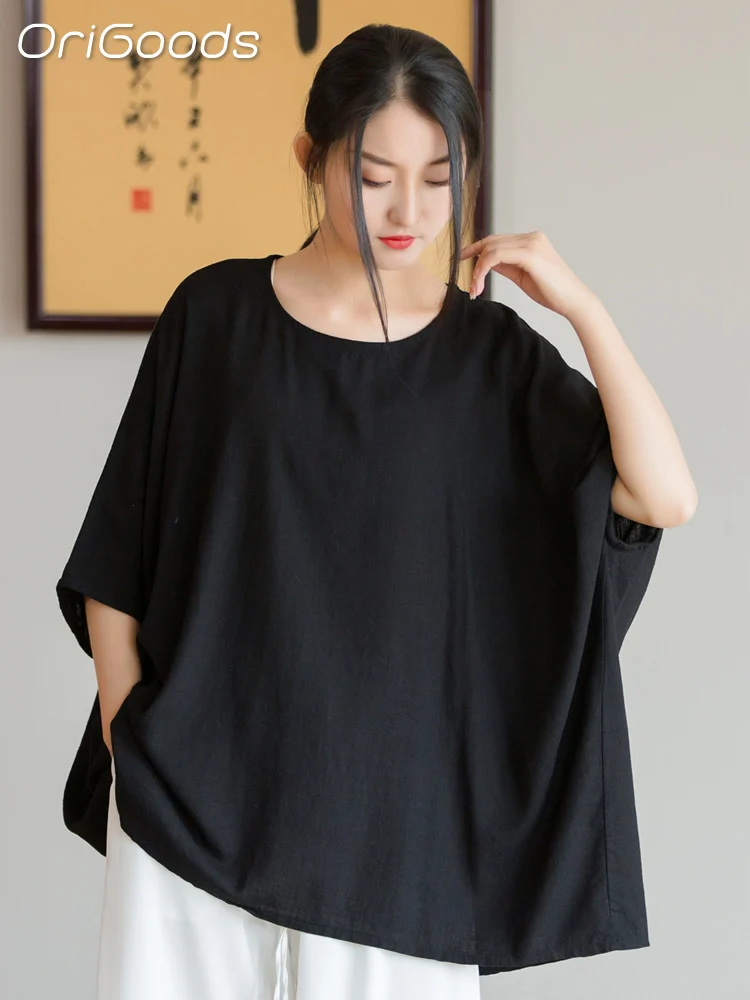 

OriGoods Oversized Blouse Woman 2026 New Summer Linen Blouse Loose Oversized Shirt Casual Shirts Big Large Size Tee Top B002