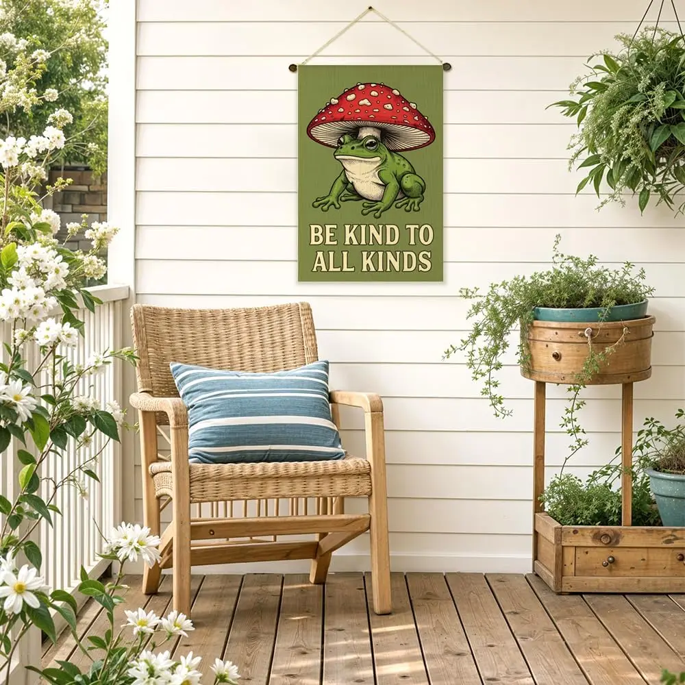 Be Kind To All Kinds Garden Flag Double Sided Yard Outdoor Decoration 12x18 Inch, Fun Frog Mushroom Outdoor Yard Garden Flag IIC