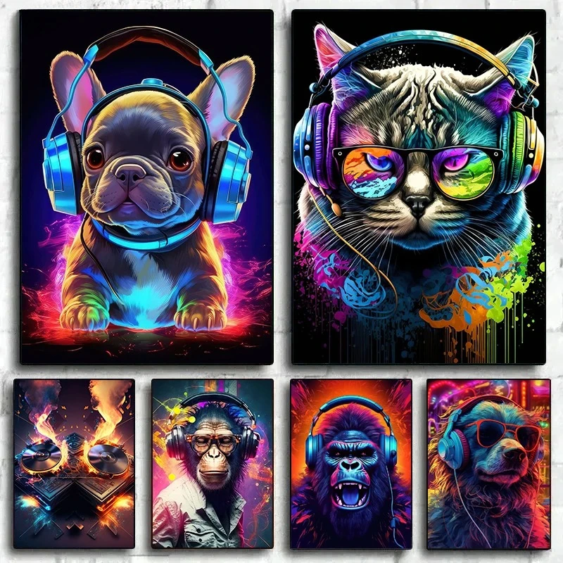 1pc frameless Animal Monkey Cat Dog Headphone Dj Music Poster Canvas Print Painting Vinyl Record Playing Music Picture Internet
