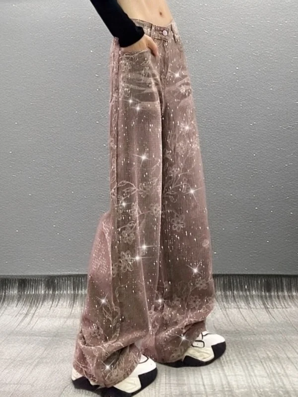 

Весенние женские джинсы с высокой талией и широкими штанинами, повседневные, с принтом и вышивкой в виде ромбов, свободного кроя, стройнящие, из денима, в уличном стиле