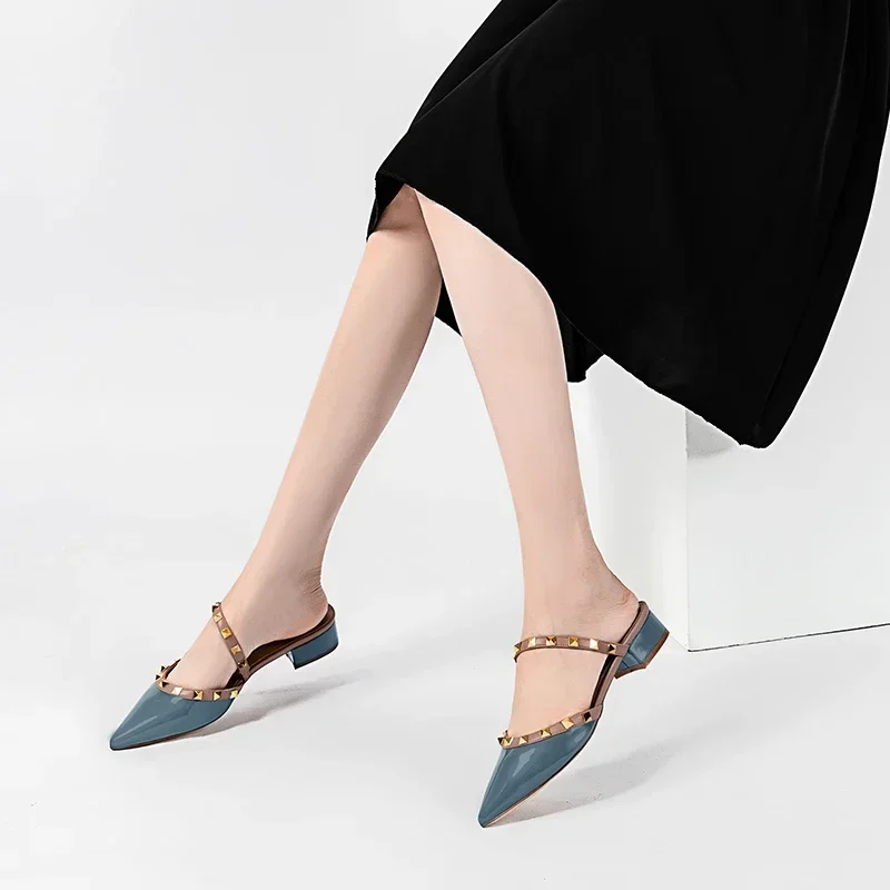 【Measure Your Feet Length Before Order】Rivets Luxury Designer Women Elegant Slide Sandals Block High Heels Party Shoes 71-CHC-33