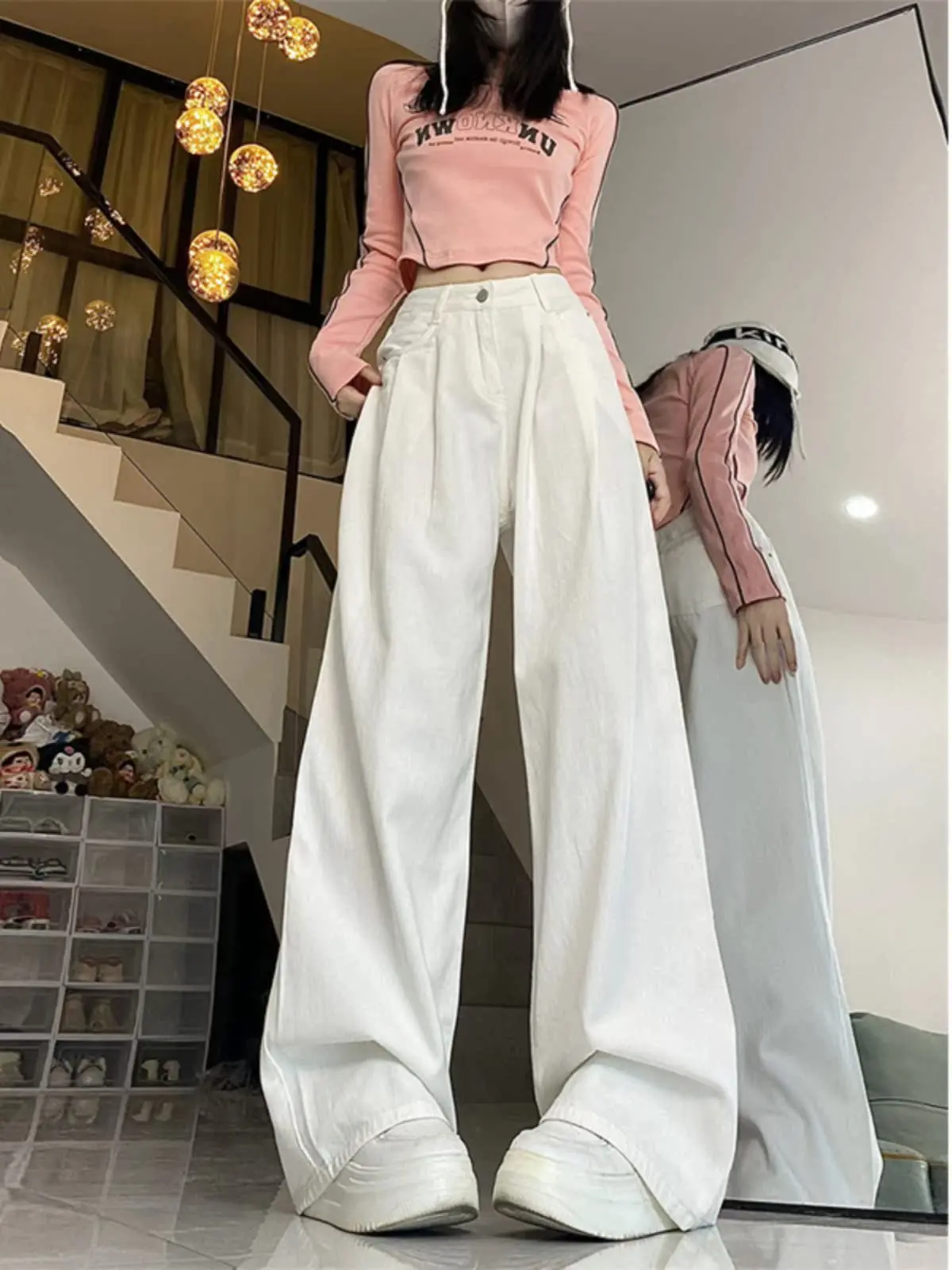 

Джинсы с высокой талией и широкими штанинами, женские осенние новые свободные утягивающие прямые длинные брюки со сложенной драпировкой, повседневные модные брюки