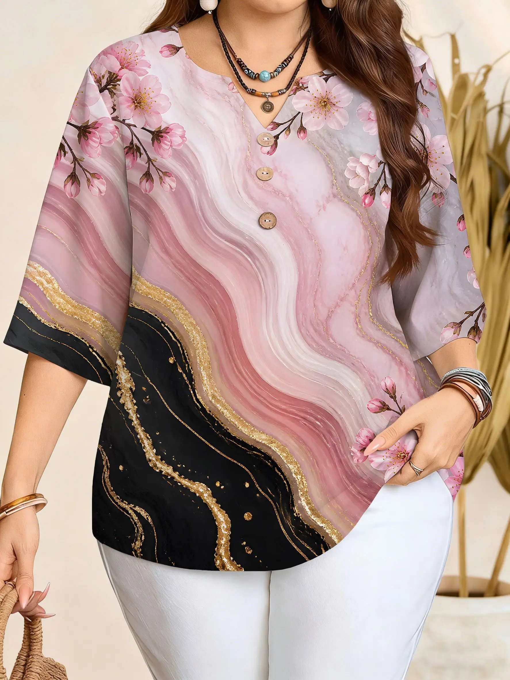 Plus Size Women 3/4 Sleeve V‑Neck Blouse Button Ethnic Geometric Butterfly Floral Marble Sakura Mandala Stained‑Glass Leaf  Tops