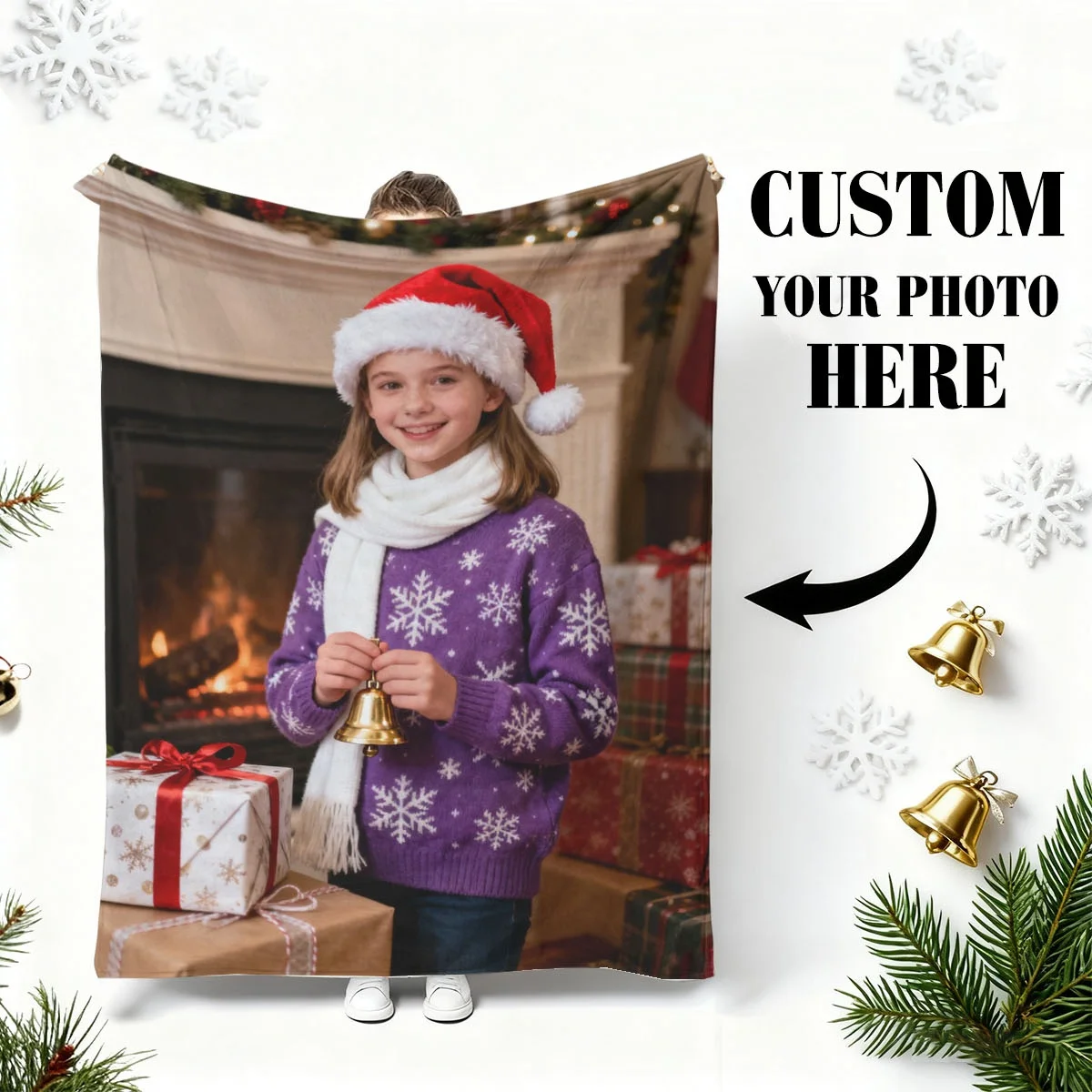 Maßgeschneiderte Weihnachts-Baby-Weihnachtsoutfit-Foto-Flanelldecke – bedruckt mit niedlichen Babyfotos + Weihnachtselementen, weich, hautfreundlich, antistatisch, für Kinderbetten,