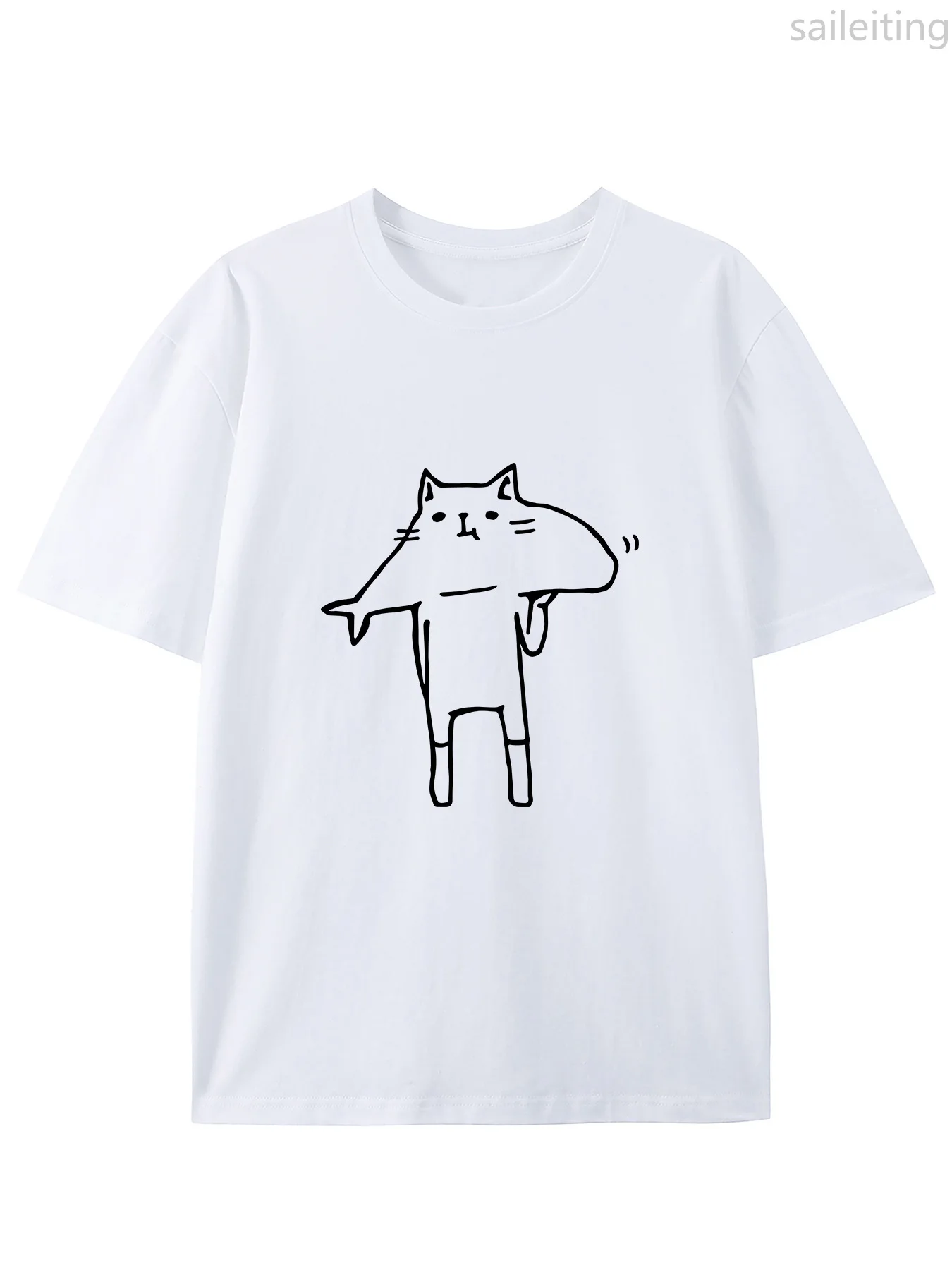 Camiseta de gato con cabeza de pez de dibujos animados de inspiración japonesa camiseta de manga corta con cuello redondo