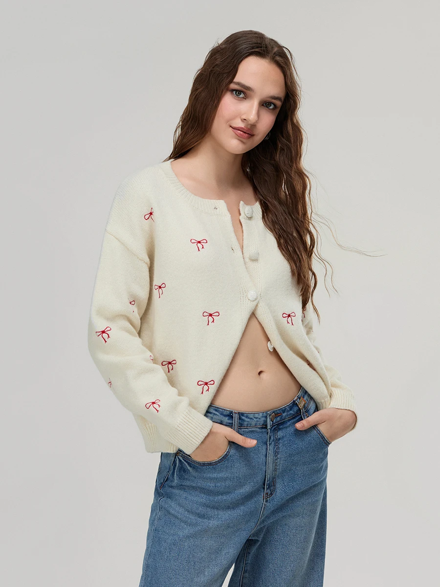 Womens Bow Embroidery Cardigan Crew Neck Button Down Long Sleeve Knit Sweater Casual Streetwear
