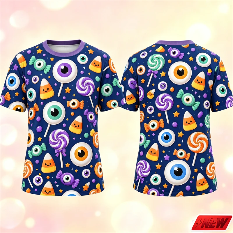 Halloween Candy Eyeball Pattern T Shirt Men 3D Print Candy Corn Star Swirl Cute Short Sleeve Tee Soft Party Novelty Top Unisex