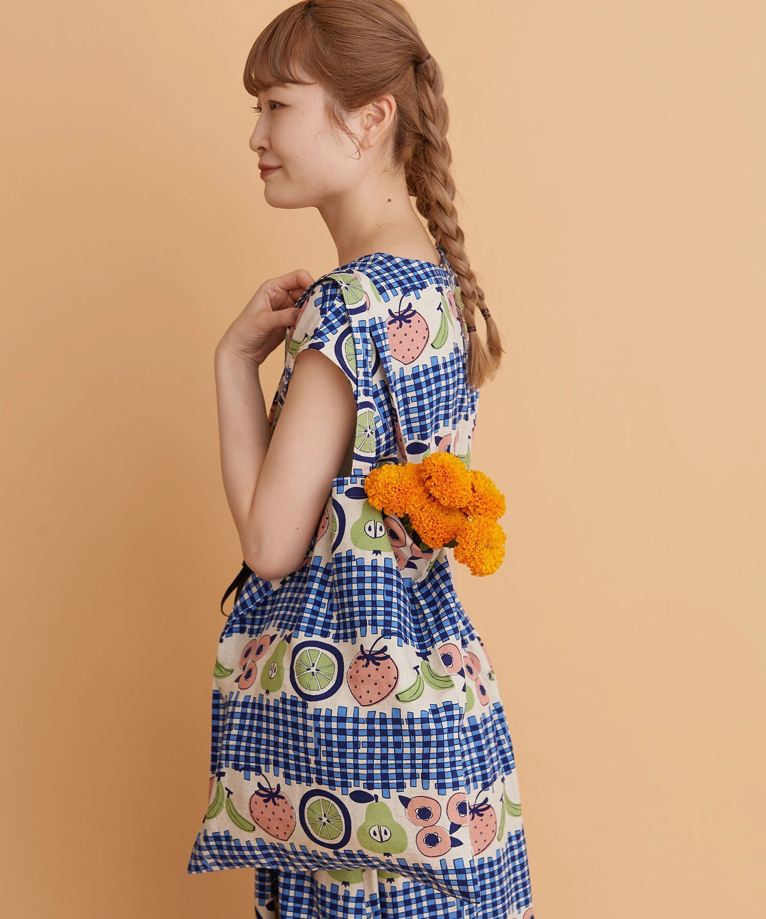Japanese Style Fruit Flax Grid Pattern Handbag Two Colors Floral Element Summer Trend Handbag Tote Bag Women's Bag