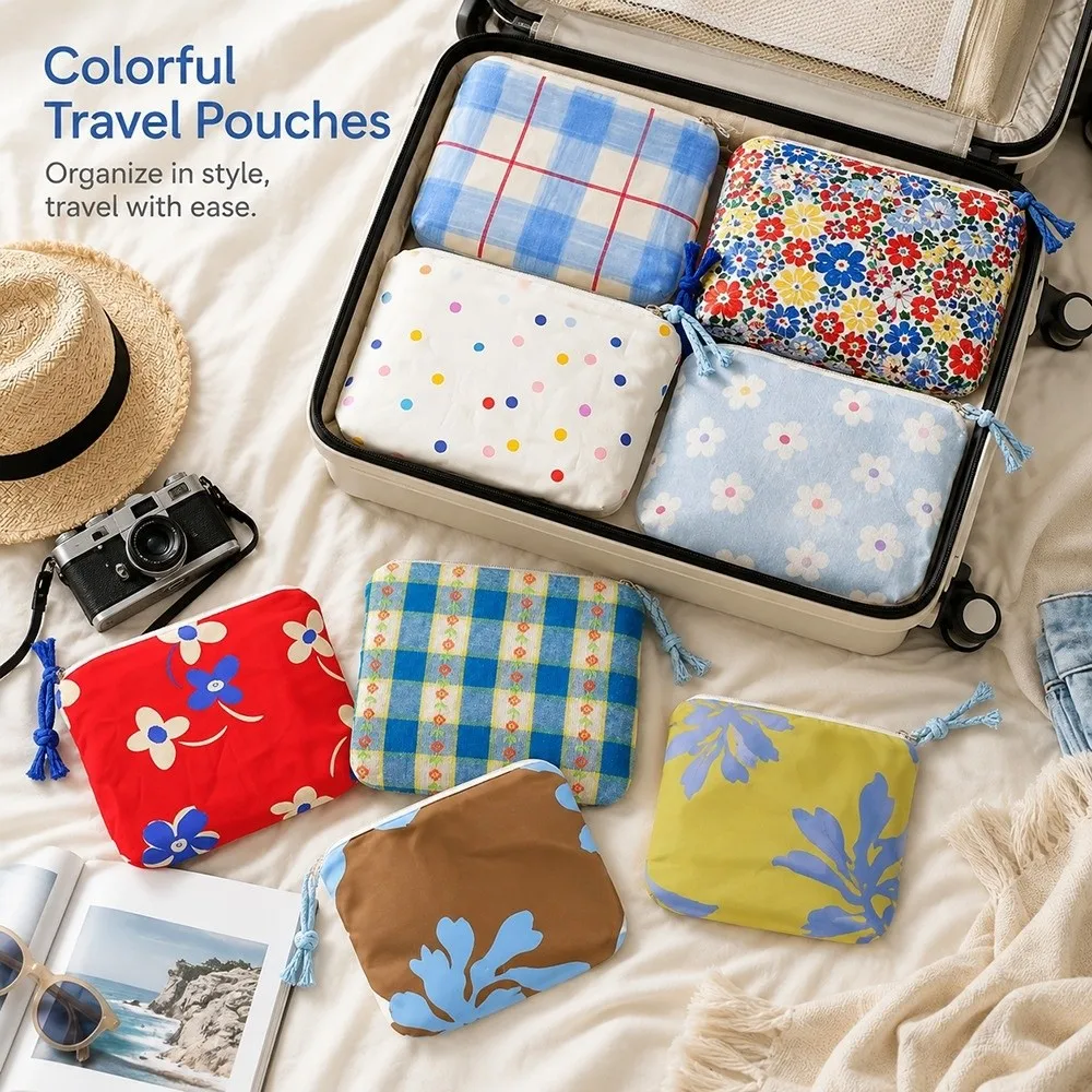 Portable Cosmetic Makeup Bag Polka Dot Flower Grid Pattern Wrist Strap Travel Organizer Pouch Zipper Closure Lightweight