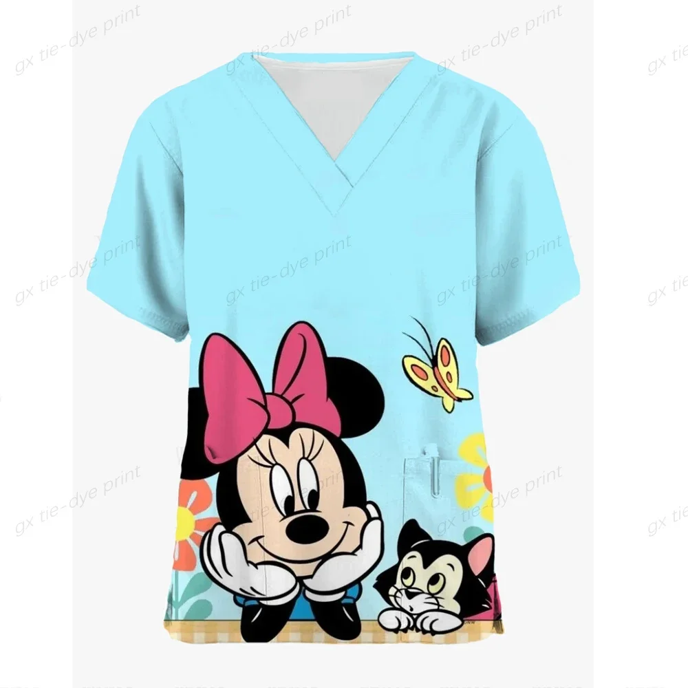 Miniso Disney Mickey Mouse Nurse Medical Uniforms V-neck Short Sleeve Pocket Workwear Top Scrubs Medical Accessories Uniform