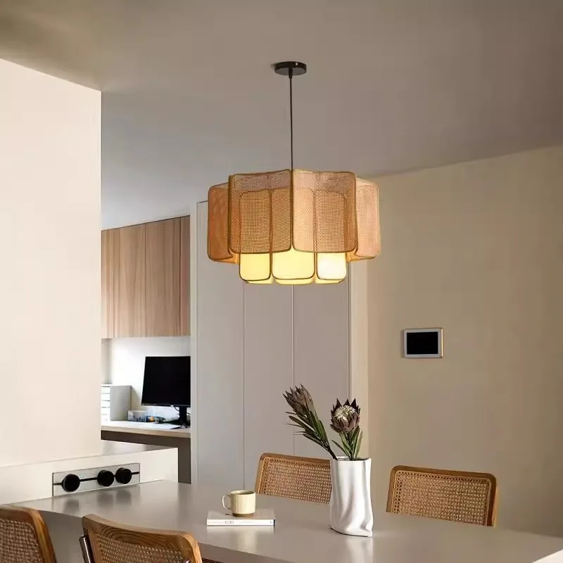 Wabi-Sabi Style Restaurant & Homestay Rattan Pendant Light Bar Counter Dining Table Chinese Design Room Decor Chandeliers