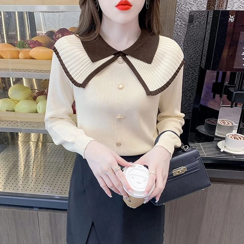 Korean Contrast Color Doll Collar Lapel Long Sleeve Slim Knitted Sweater For Women