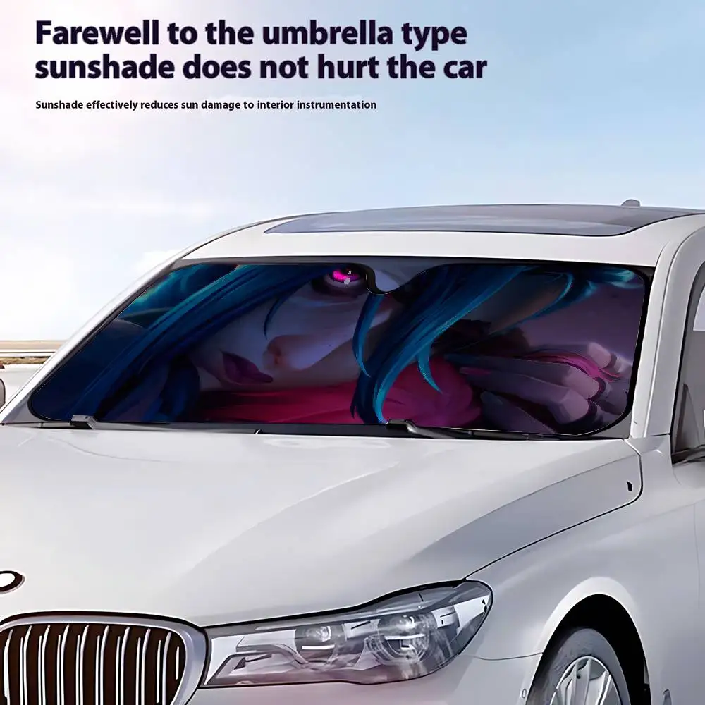 A-Arcane Jinx مظلة السيارات الزجاج الأمامي مضحك الشمس الظل طوي الأشعة فوق البنفسجية الشمس قناع حامي ظلة للنافذة الأمامية #2