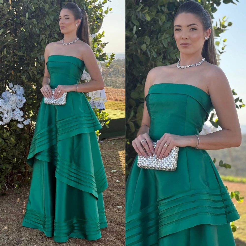 

Customized Fashion Satin Strapless Evening Dress Delicate Sleeveless Prom Dresses Temperament Tiered Special Occasion Gowns