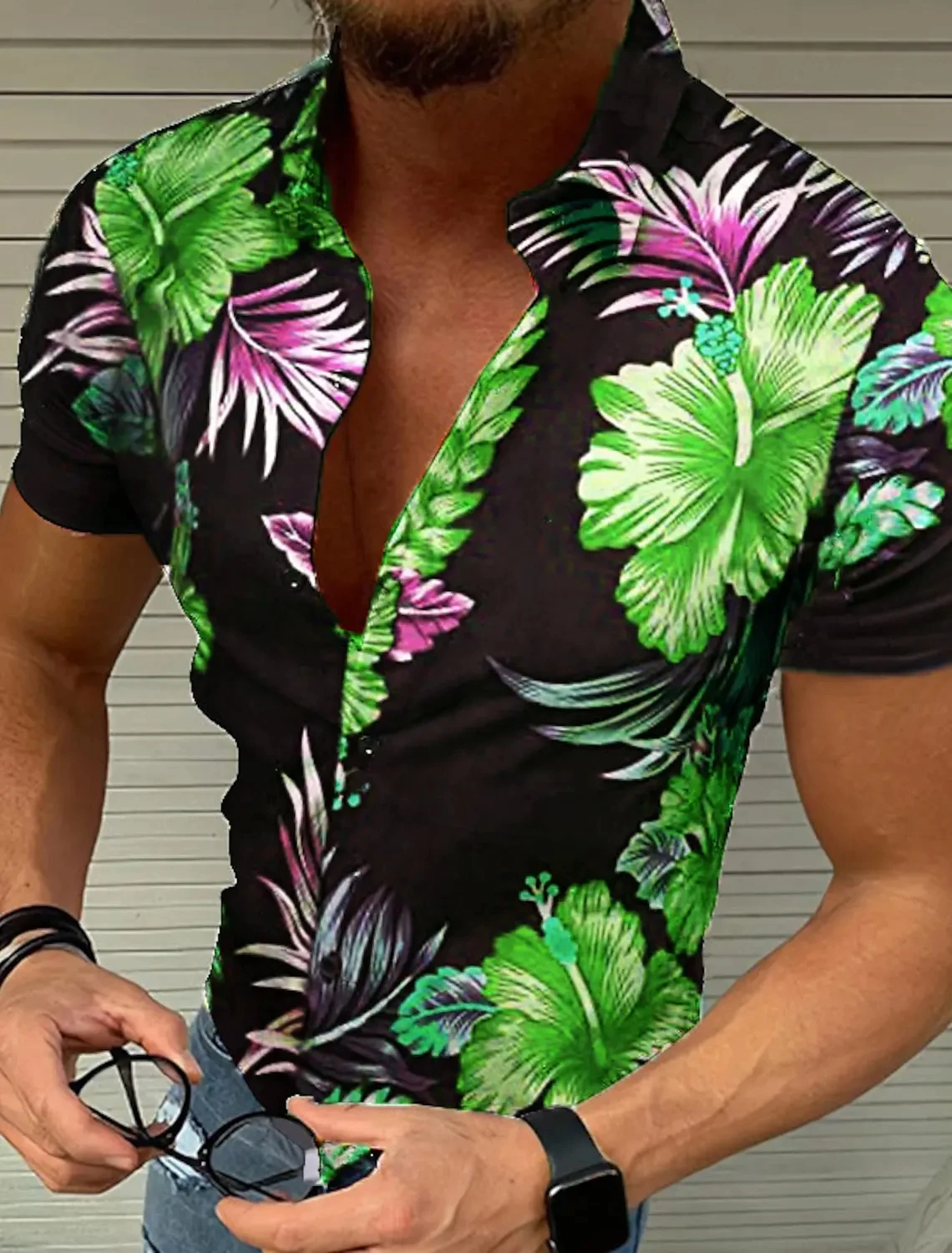 Camisa havaiana com estampa de folhas de bordo masculina, top floral, manga curta, confortável casual, moda rua, novo
