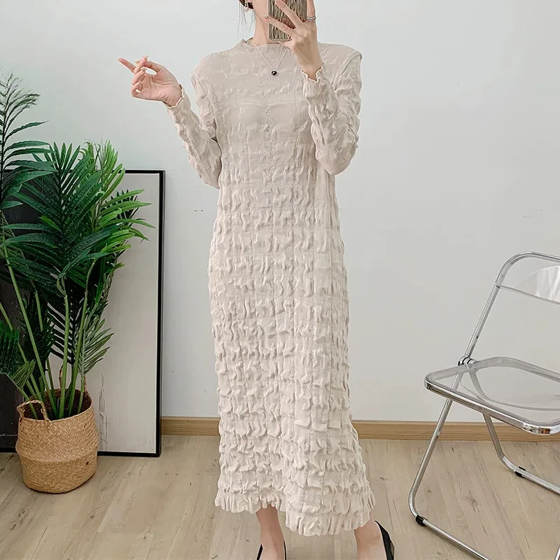 

ALSEY Heavy Work Pleated Mid-Length Women's Dresses 2024 Fall New Waisted Large Swing Lantern Sleeve Dresses