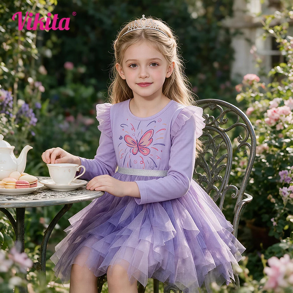 VIKITA Toddlers Long Sleeve Purple Tulle Dress Kids Butterfly Princess Party Sparkly Elegant Layered Tutu Dresses Kids Clothes