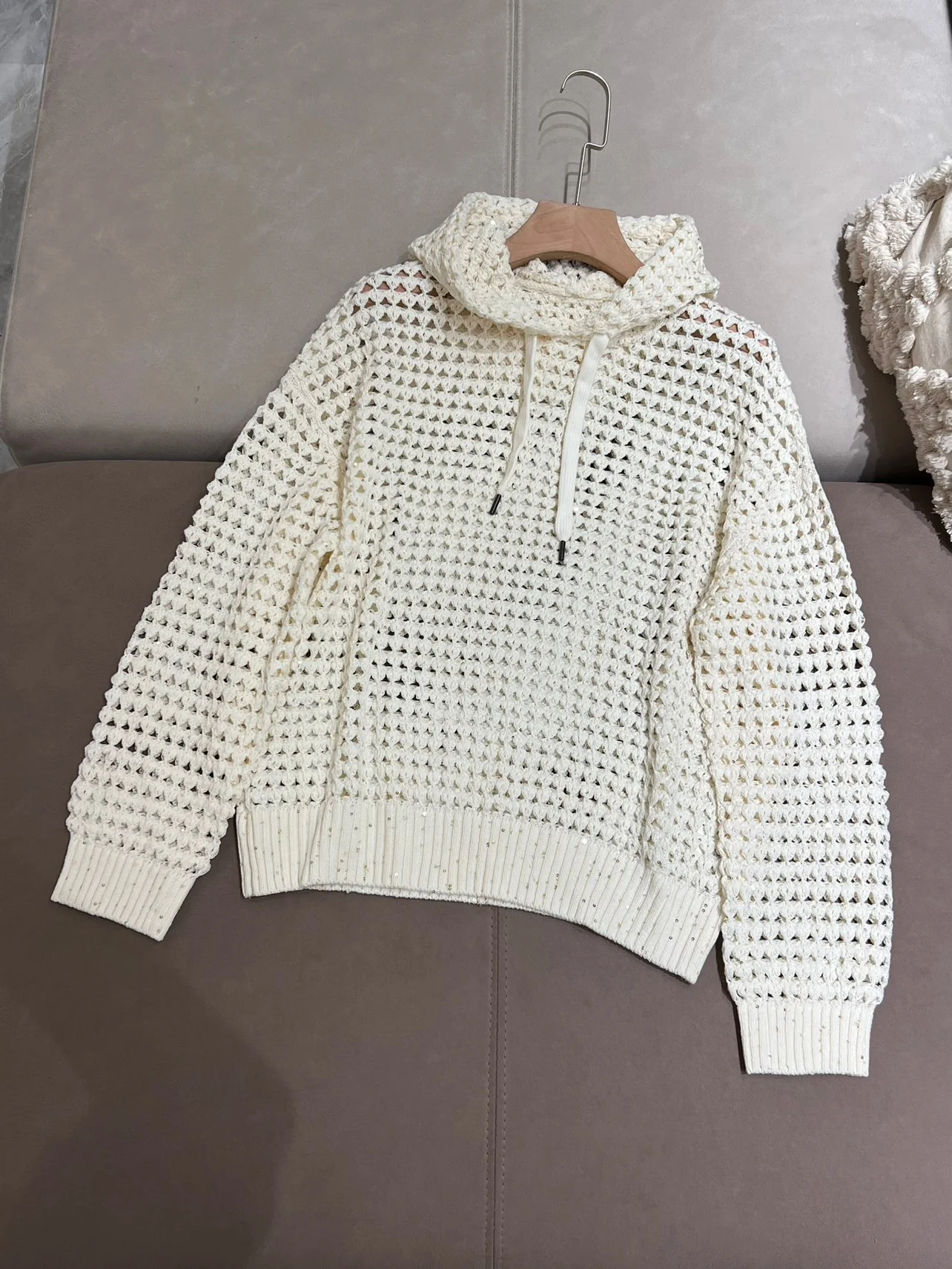 Spring Summer B*C Women's Sequined Hollow Hooded Casual Sweater Knitted White Loose Pullover Sweatshirt